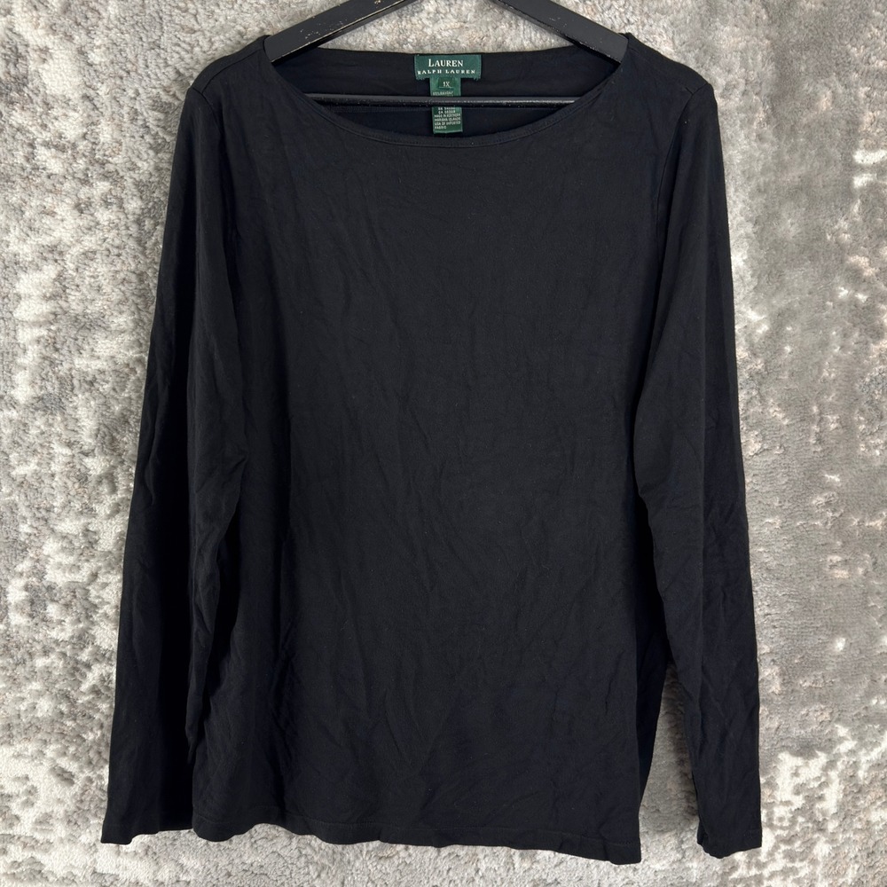 Lauren Ralph Lauren Plus Size 1X Boat Neck Stretch Top Black Long Sleeve Women